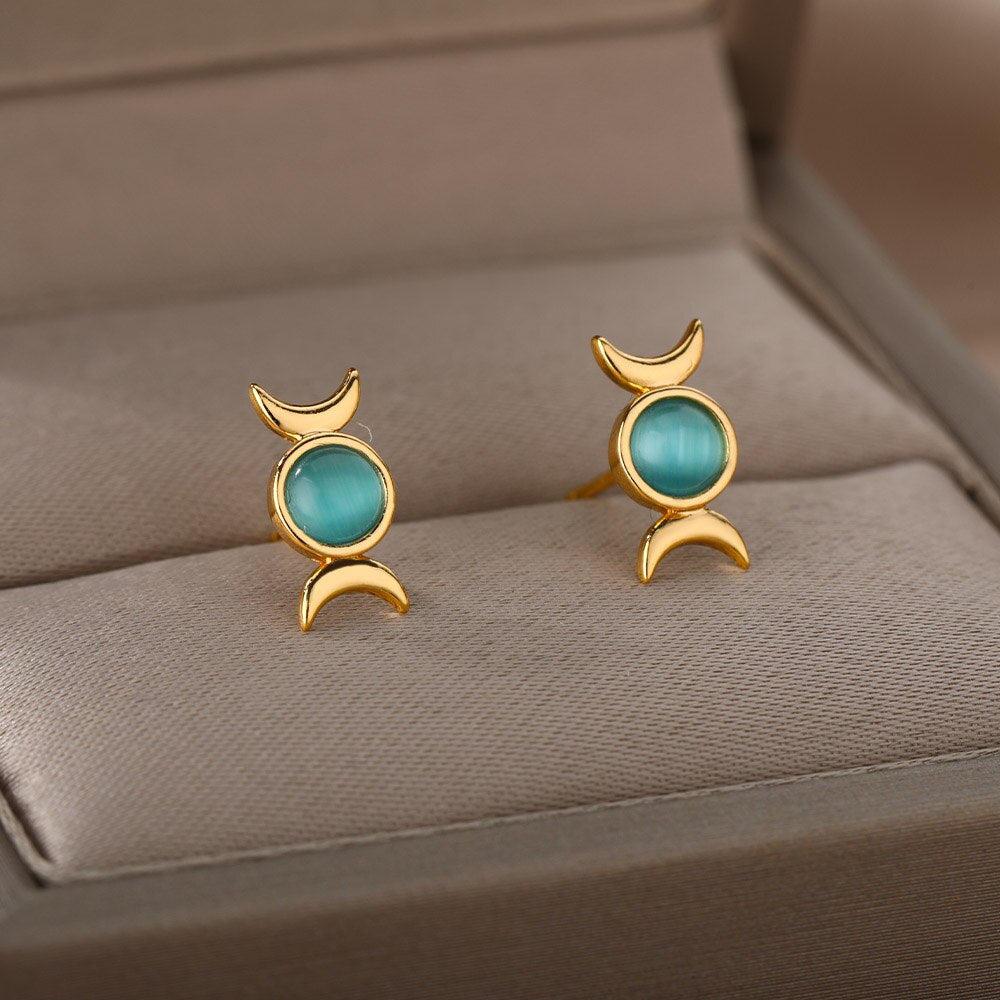 Mini Moon and Sun Earrings For Women Girls Stainless Steel Cute Blue Opal Stud Earrings 2023 Trend Jewelry Couple Christmas Gift