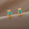 Mini Moon and Sun Earrings For Women Girls Stainless Steel Cute Blue Opal Stud Earrings 2023 Trend Jewelry Couple Christmas Gift