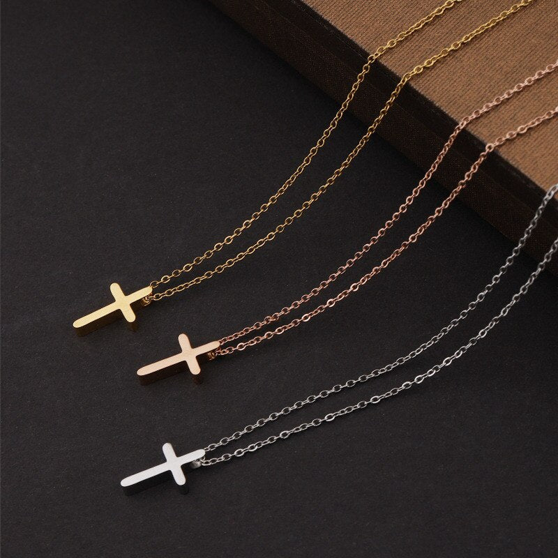 Mini Simple Stainless Steel Cross Pendant Necklace For Women Men Gold Color Chain Choker Prayer Female Jewelry
