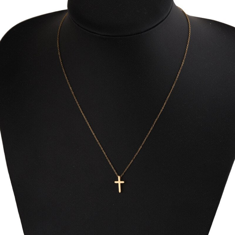 Mini Simple Stainless Steel Cross Pendant Necklace For Women Men Gold Color Chain Choker Prayer Female Jewelry