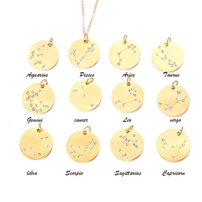 Minimalism 12 Zodiac Constellation Charm Necklaces Gold Color Rhinestone Choker Coin Necklace for Women Girls Party Jewelry