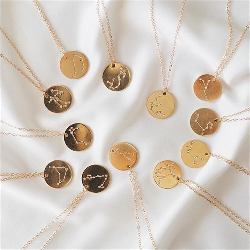 Minimalism 12 Zodiac Constellation Charm Necklaces Gold Color Rhinestone Choker Coin Necklace for Women Girls Party Jewelry