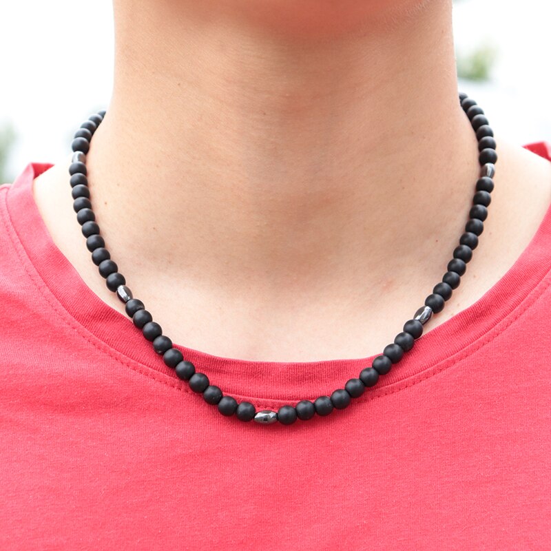 Minimalist Choker Necklace For Men Boy 6mm Small Beads Natural Map Onyx Tiger eye Stone Necklace Hombre Punk Male Accessories