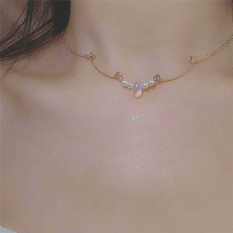Minimalist Crystal Water Drop Pendant Choker Necklace Women Girls Handmade Beads Necklace Jewelry All Match