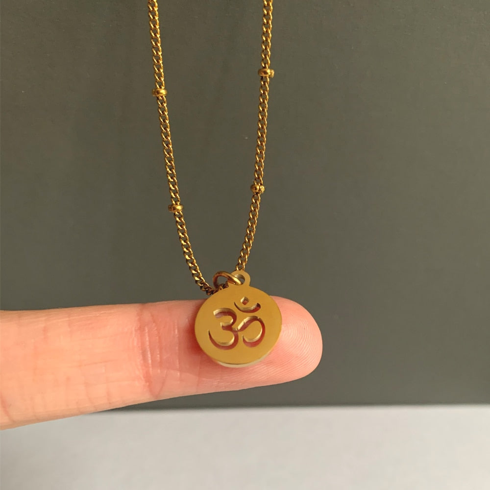 Minimalist Hollow OM Pendant Necklace Vintage Handmade Gold Color Steel Beaded Chain Clavicle Charm Choker Collar