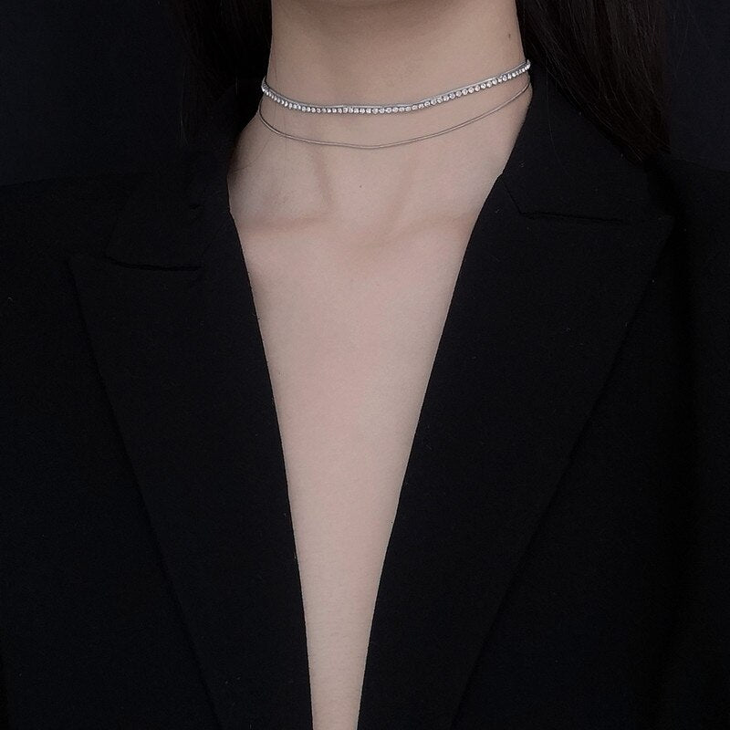 Minimalist Layered Rhinestone Choker Necklace Handmade Silver Color Chain Necklace Collar Muje Jewelry