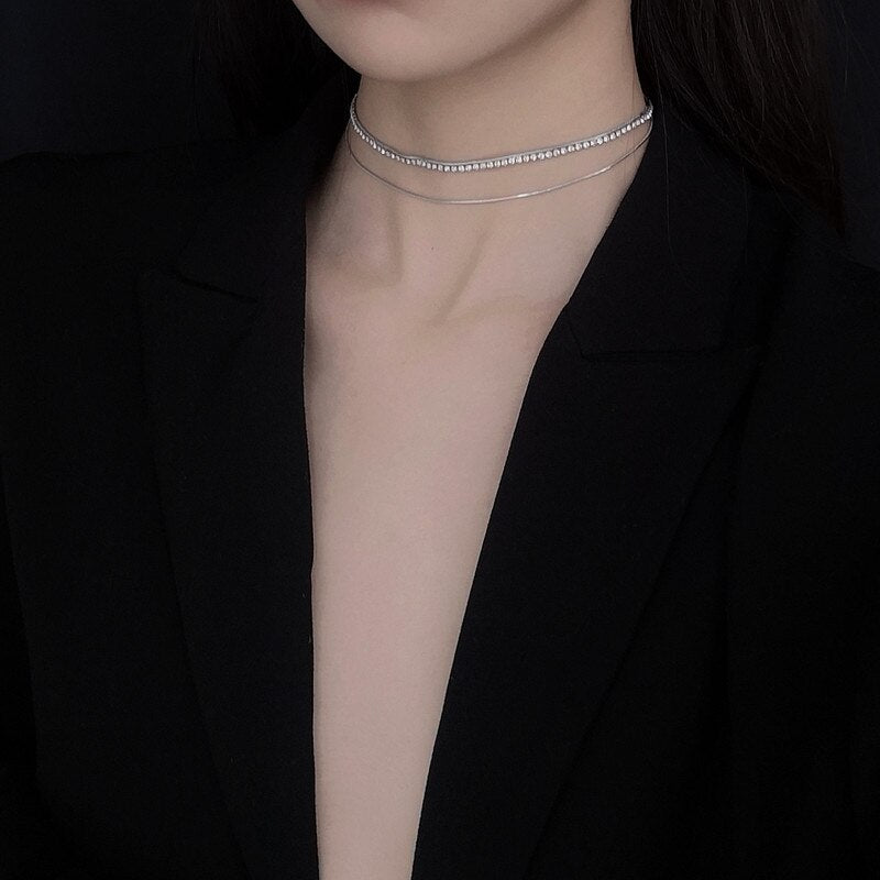 Minimalist Layered Rhinestone Choker Necklace Handmade Silver Color Chain Necklace Collar Muje Jewelry