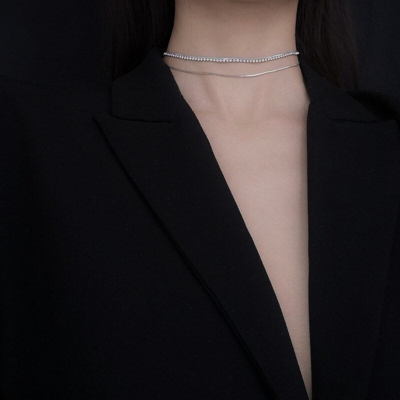 Minimalist Layered Rhinestone Choker Necklace Handmade Silver Color Chain Necklace Collar Muje Jewelry