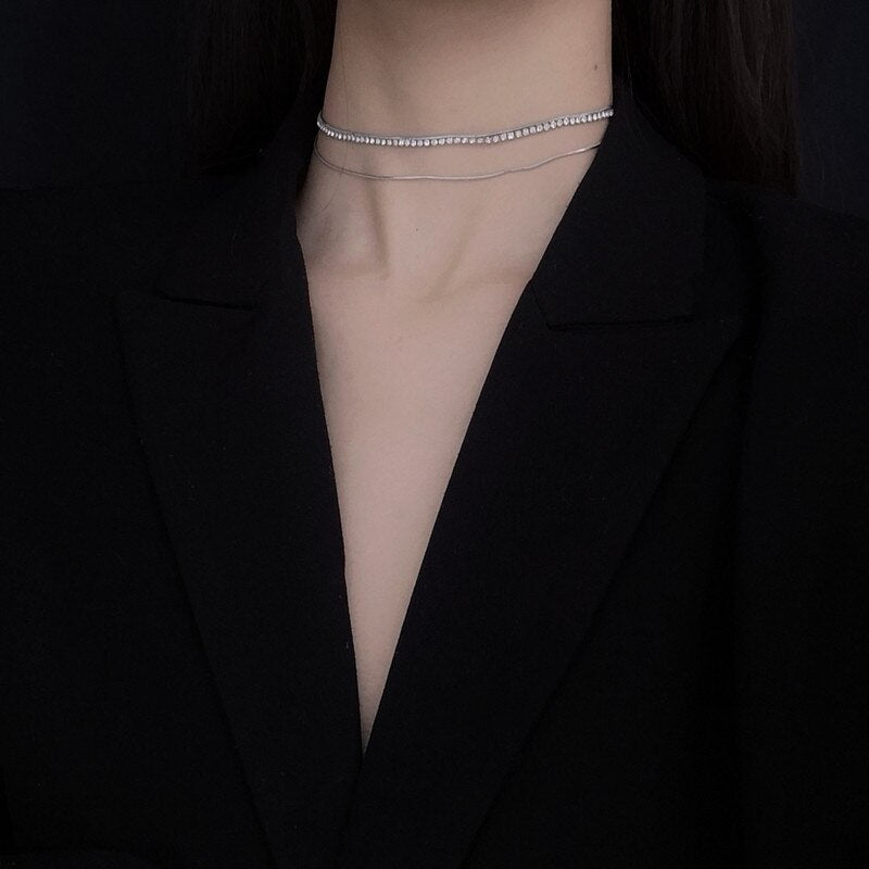 Minimalist Layered Rhinestone Choker Necklace Handmade Silver Color Chain Necklace Collar Muje Jewelry