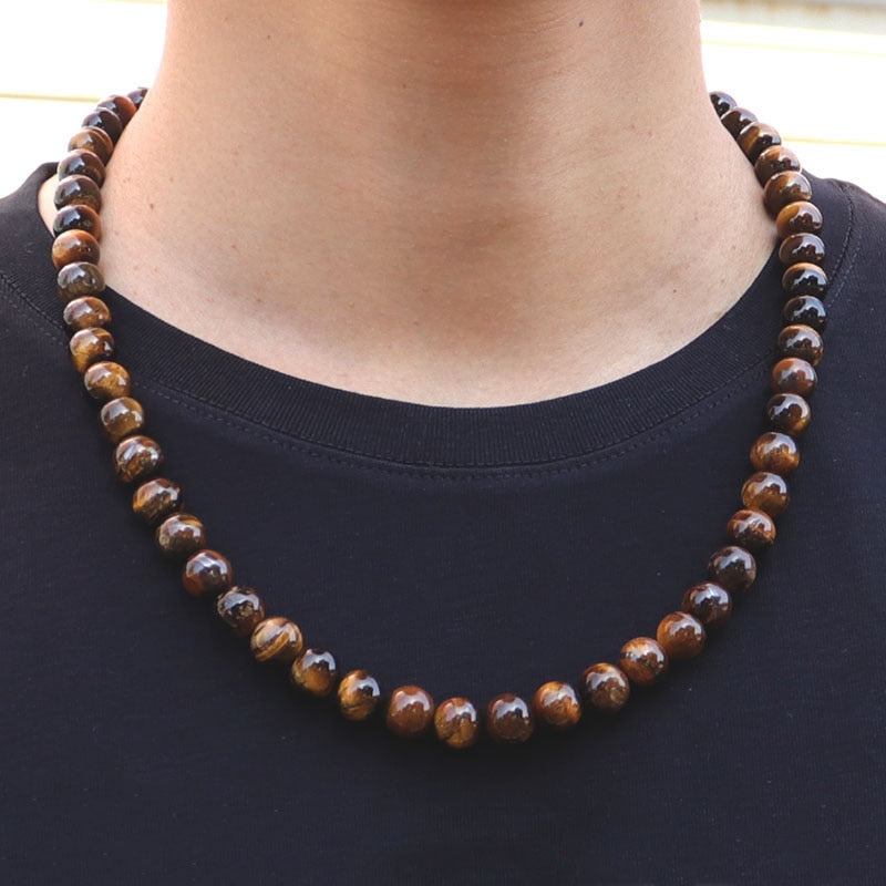 Minimalist Tiger eye Necklace Men Women 10mm Big Beads 22 Inches Long Necklace Hiphop Rock Black Onyx Obsidian Beads Necklace