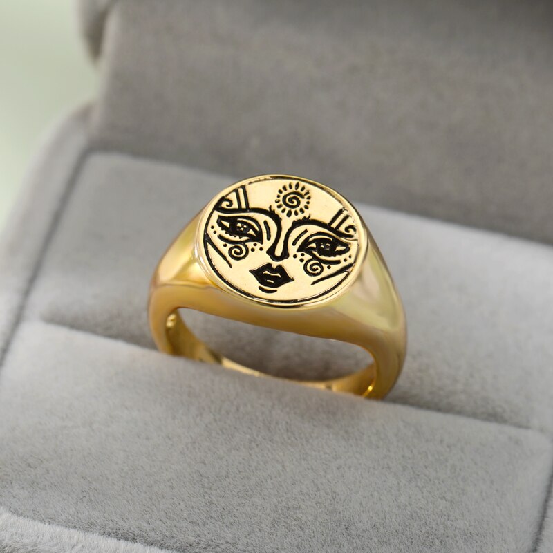 Minimalist Vintage Rings For Women Stainless Steel Sun Stranger Face Ring Gothic Aesthetic Jewelry Accessories anillos