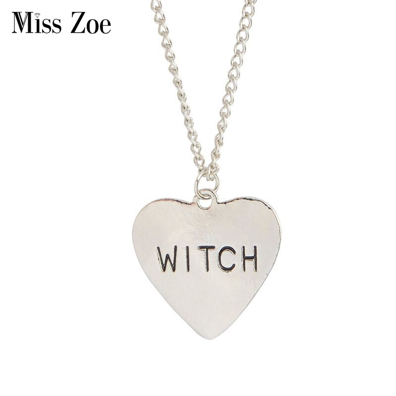 Silver WITCH Heart Pendant Necklace Men Simple Goth Necklace Witch Jewelry Gift for friends Halloween accessory