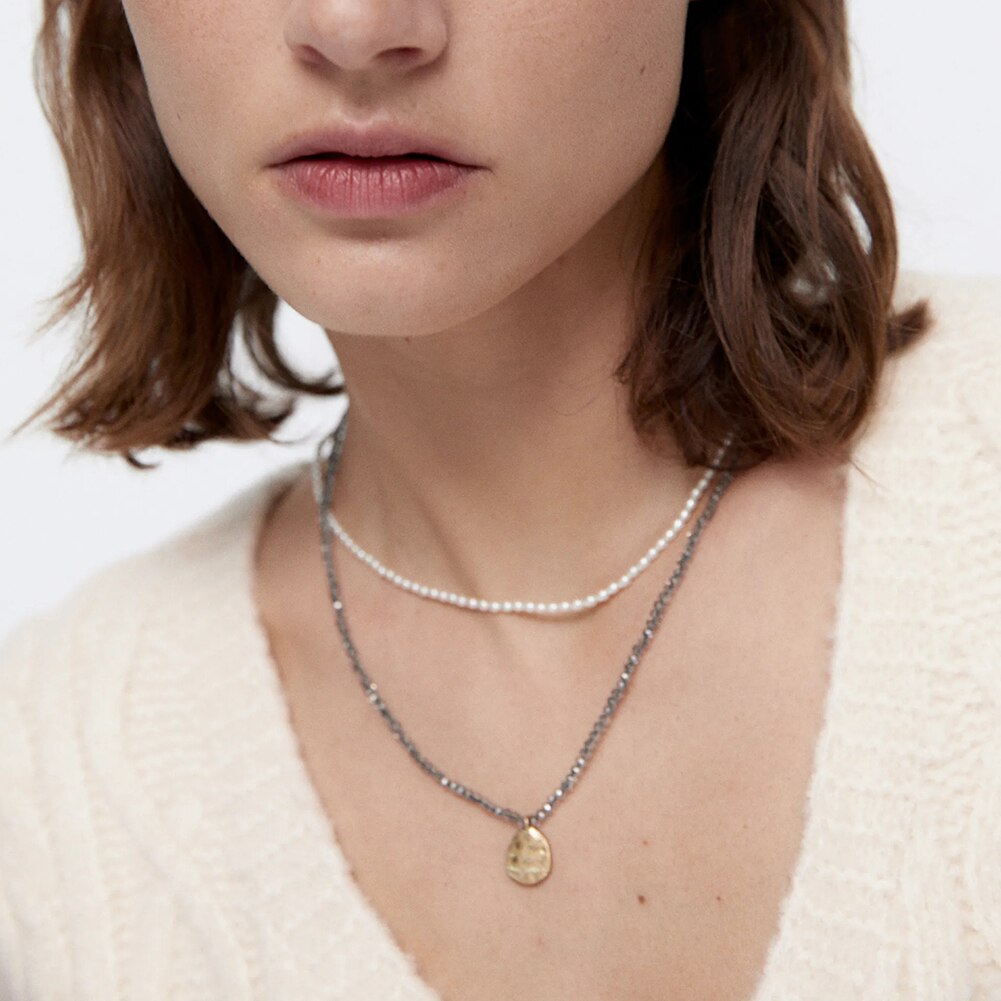 Miwens ZA Badge and Imitation Pearl Necklace Set For Women Shiny Heart Pendant Necklace Set Clavicle Jewelry Accessories