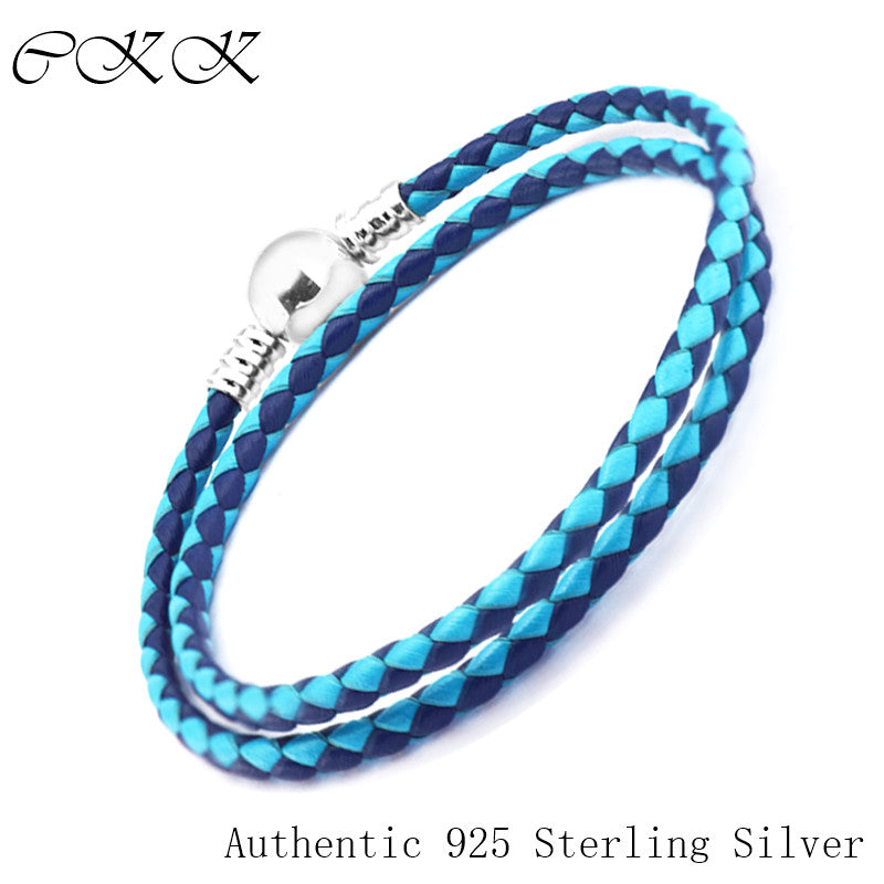 Mixed Blue Woven Leather Charm Bracelet 100%925 Sterling Silver Snake Ball Clasp Charm for Women Men Fine Jewelry PPL726