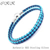 Mixed Blue Woven Leather Charm Bracelet 100%925 Sterling Silver Snake Ball Clasp Charm for Women Men Fine Jewelry PPL726