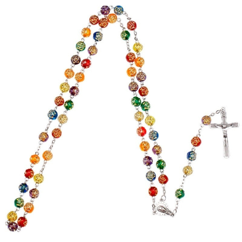 Mixed Color Rose Plastic Beads Jesus Cross Rosary Necklace Virgin Mary Religious Father Necklace