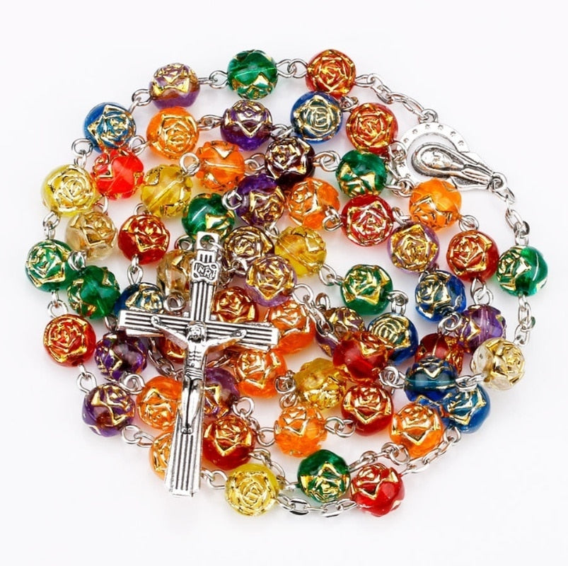 Mixed Color Rose Plastic Beads Jesus Cross Rosary Necklace Virgin Mary Religious Father Necklace