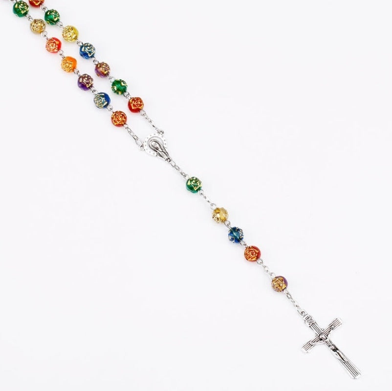 Mixed Color Rose Plastic Beads Jesus Cross Rosary Necklace Virgin Mary Religious Father Necklace