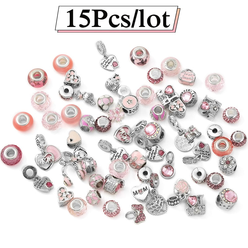 Mixed Random Delivery Silver Plated Pink Beads Charms Fit Brand Europe Bracelets Necklace For Women Jewelry Making Special Offer