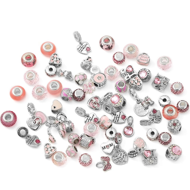 Mixed Random Delivery Silver Plated Pink Beads Charms Fit Brand Europe Bracelets Necklace For Women Jewelry Making Special Offer