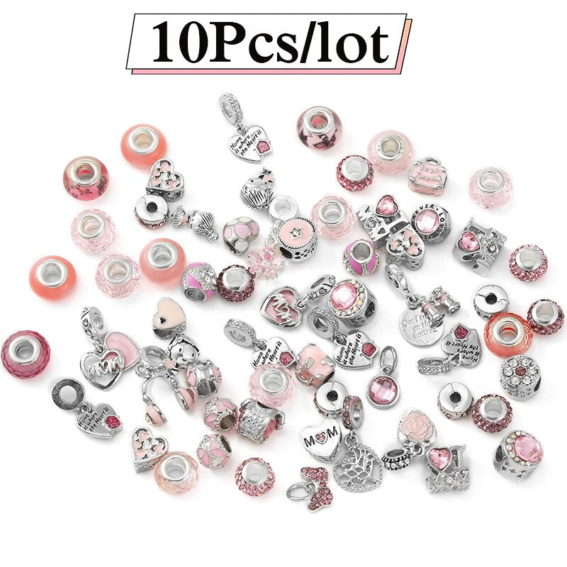 Mixed Random Delivery Silver Plated Pink Beads Charms Fit Brand Europe Bracelets Necklace For Women Jewelry Making Special Offer