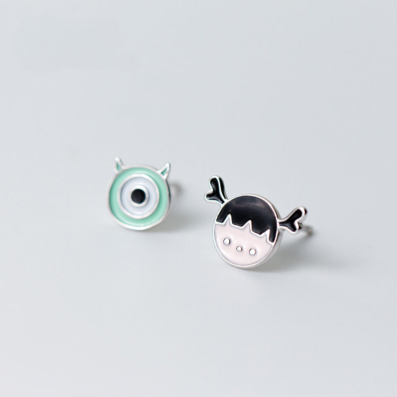 Cute Carton Monster Doll Stud Earrings Asymmetric Fashion Pure 925 Sterling Silver Earring Pendientes Brincos Girl