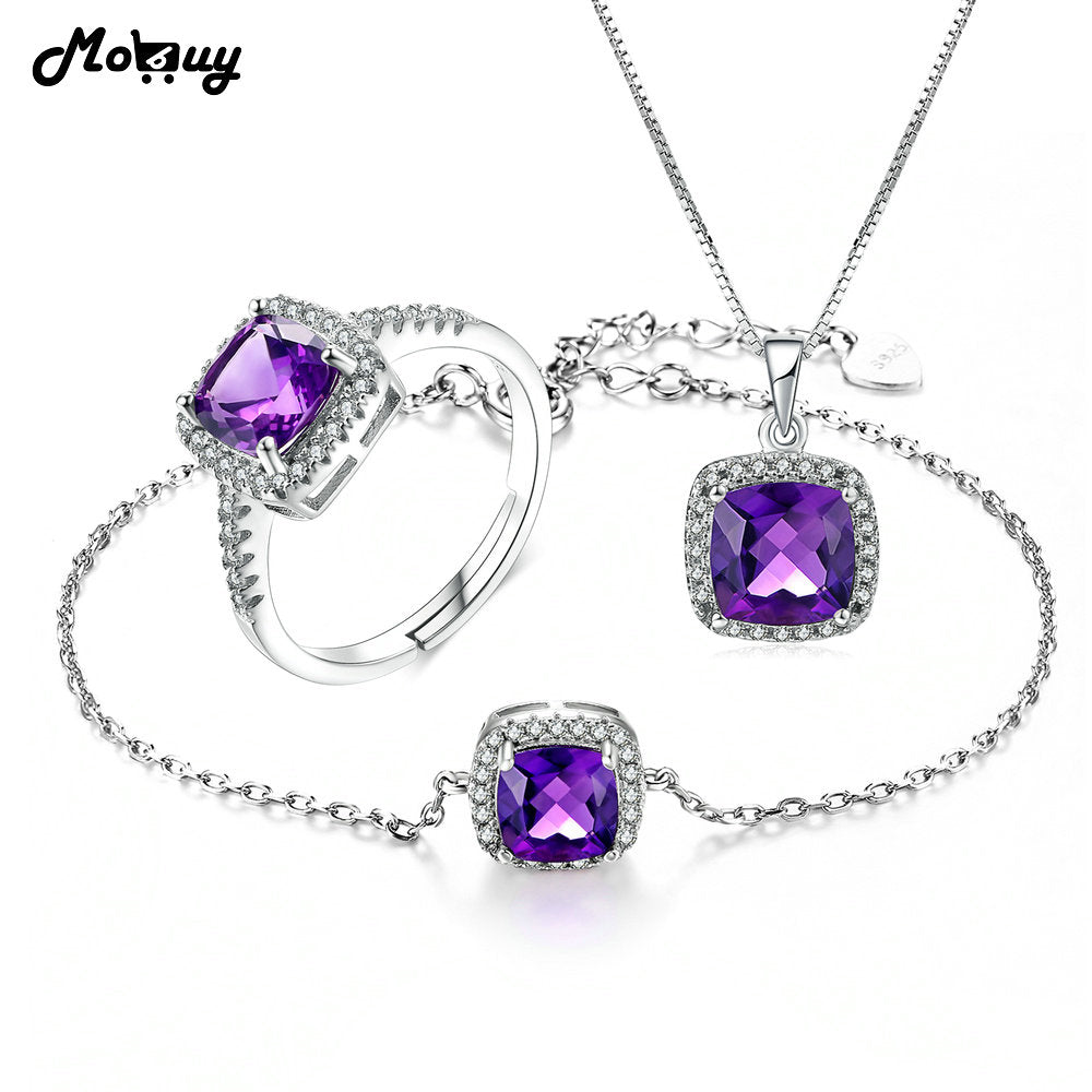 100% 925 Sterling Silver 3PCS Jewelry Sets Square Cut Natural Gemstone Amethyst S925 Fine Jewelry For Women V001HNR
