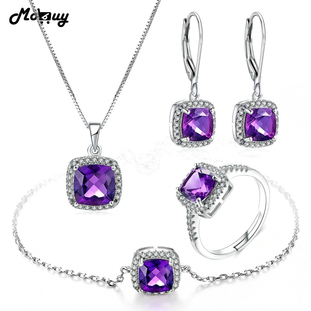 100% 925 Sterling Silver 4PCS Jewelry Sets For Women Natural Gemstone Square Amethyst S925 Fine Jewelry For Women V001EHNR