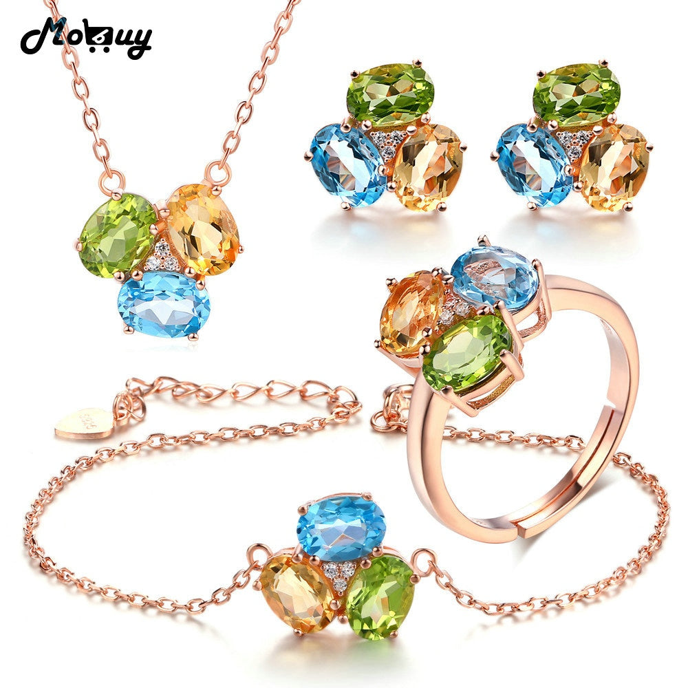 100% 925 Sterling Silver 4pcs Jewelry Sets For Women 3pcs Oval Gemstone Topaz Citrine Peridot Anniversary Jewelry V003EHNR