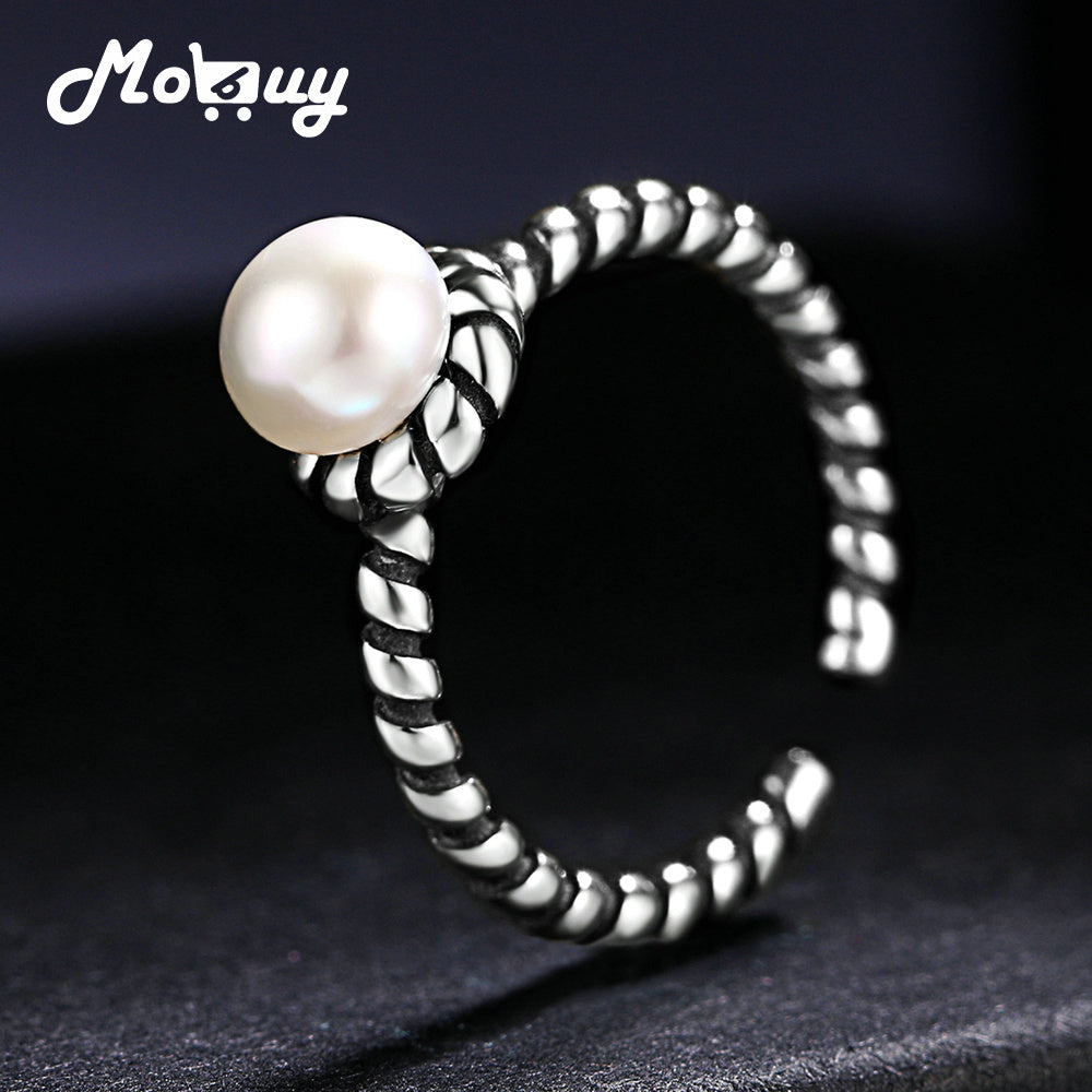 100% 925 Sterling Silver Big Round Pearls Adjustable Rings For Women Engagement Fine Jewelry MBRY072