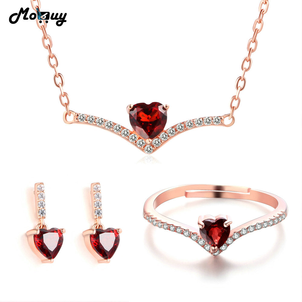 100% 925 Sterling Silver Jewelry Set Love Heart Gemstone Garnet Rose Gold Plated Fine Jewelry For Women Wedding V004ERN