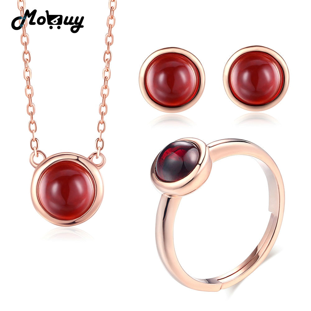 100% 925 Sterling Silver Jewelry Set Round Natural Gemstone Red Garnet Rose Gold Color S925 Fine Jewelry For Women V034ENR