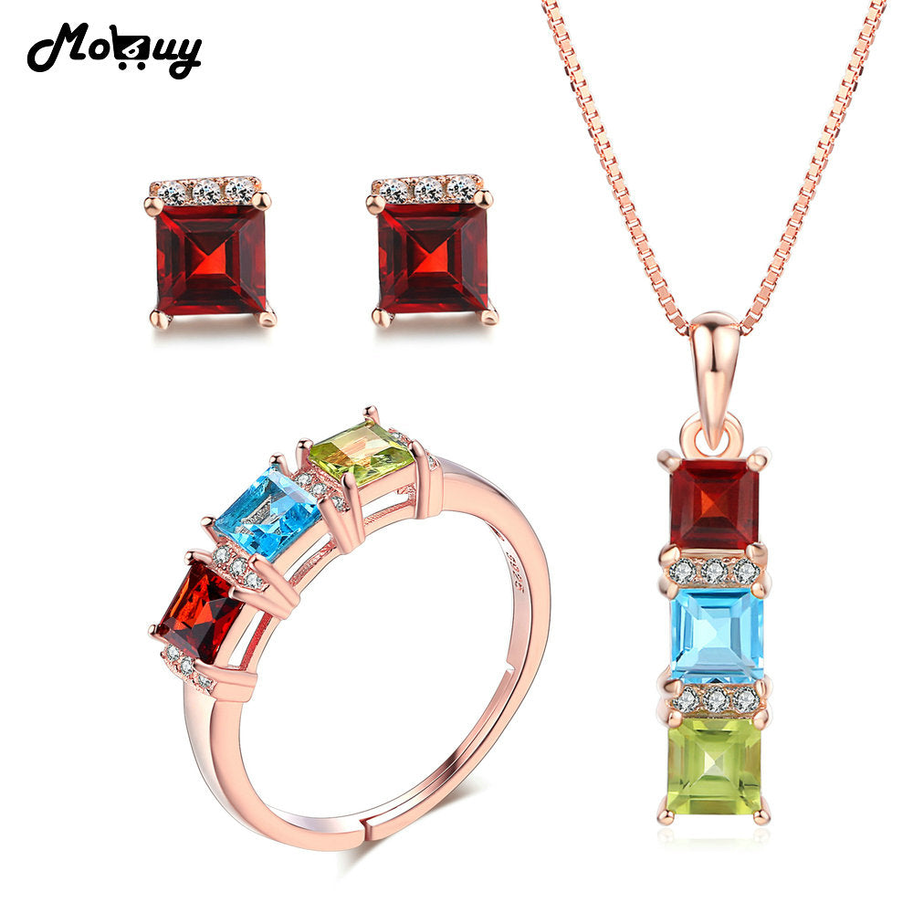 100% 925 Sterling Silver Jewelry Sets 3Natural Gemstone 3pcs Bohemia Style For Women Wedding Fine Jewelry V012ENR