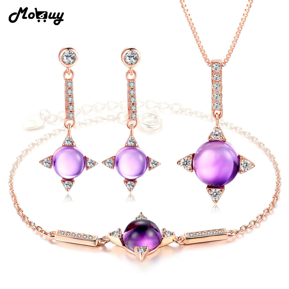 100% 925 Sterling Silver Jewelry Sets For Girls Women Natural Gemstone Amethyst Party Vintage Jewelry V009ENH