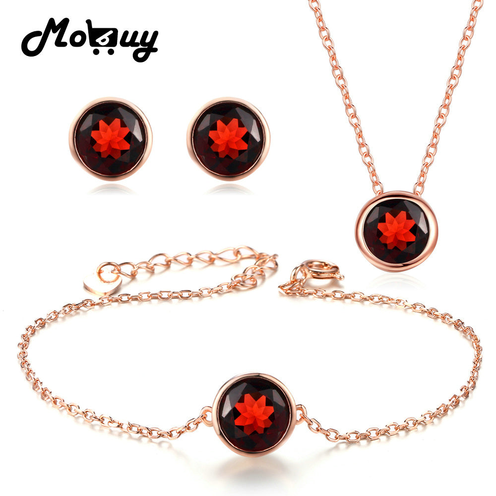 100%925 Sterling Silver Natural Gemstone Garnet Jewelry Sets For Women Gift Earring Bracelet Necklace Fine Jewelry V007EHN