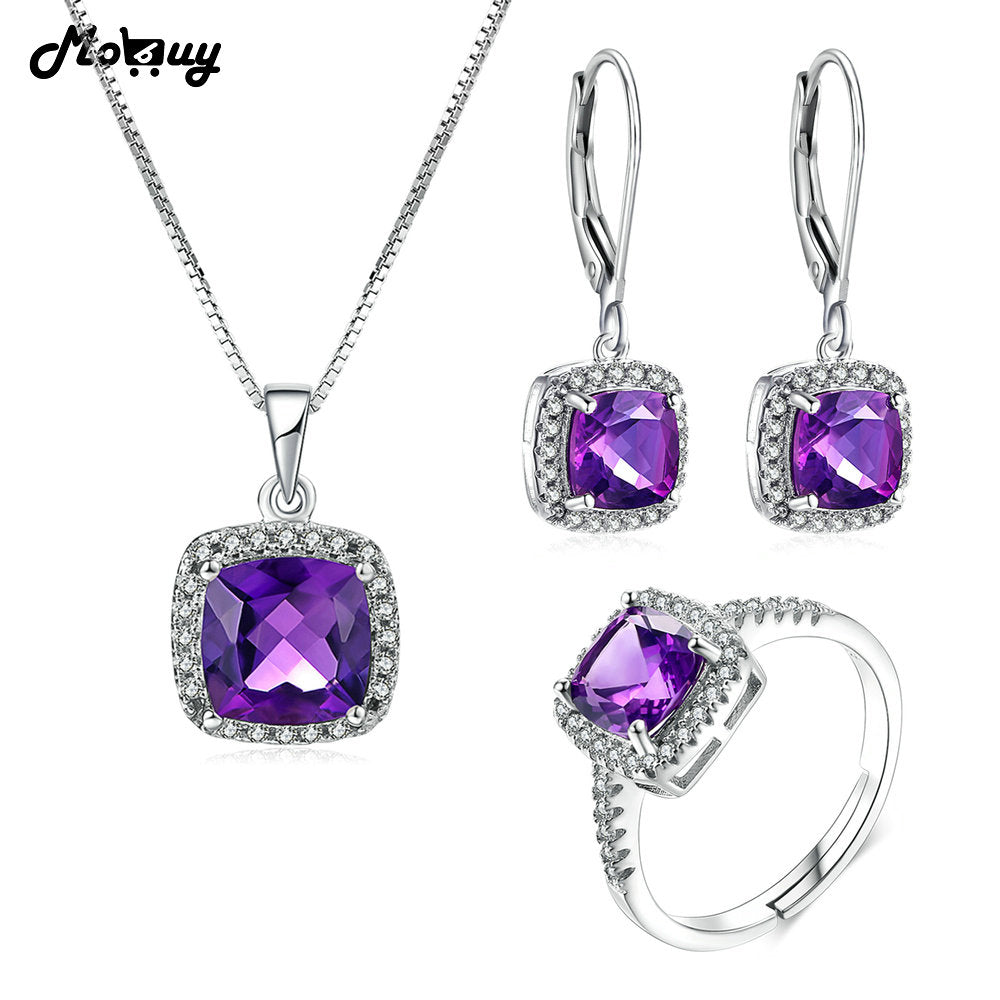 100% Natural Gemstone Square Amethyst 925 Sterling Silver 3PCS Jewelry Set Fine Jewelry For Women Engagement Party V001ENR