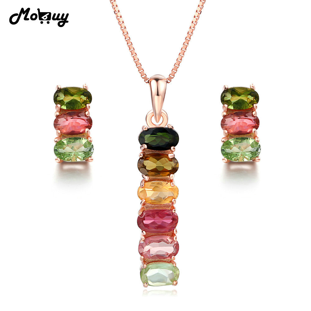 2PCS Jewelry Sets For Women Natural Gemstone Multicolor Tourmaline 925 Sterling Silver S925 Fine Jewelry For Women V006EN