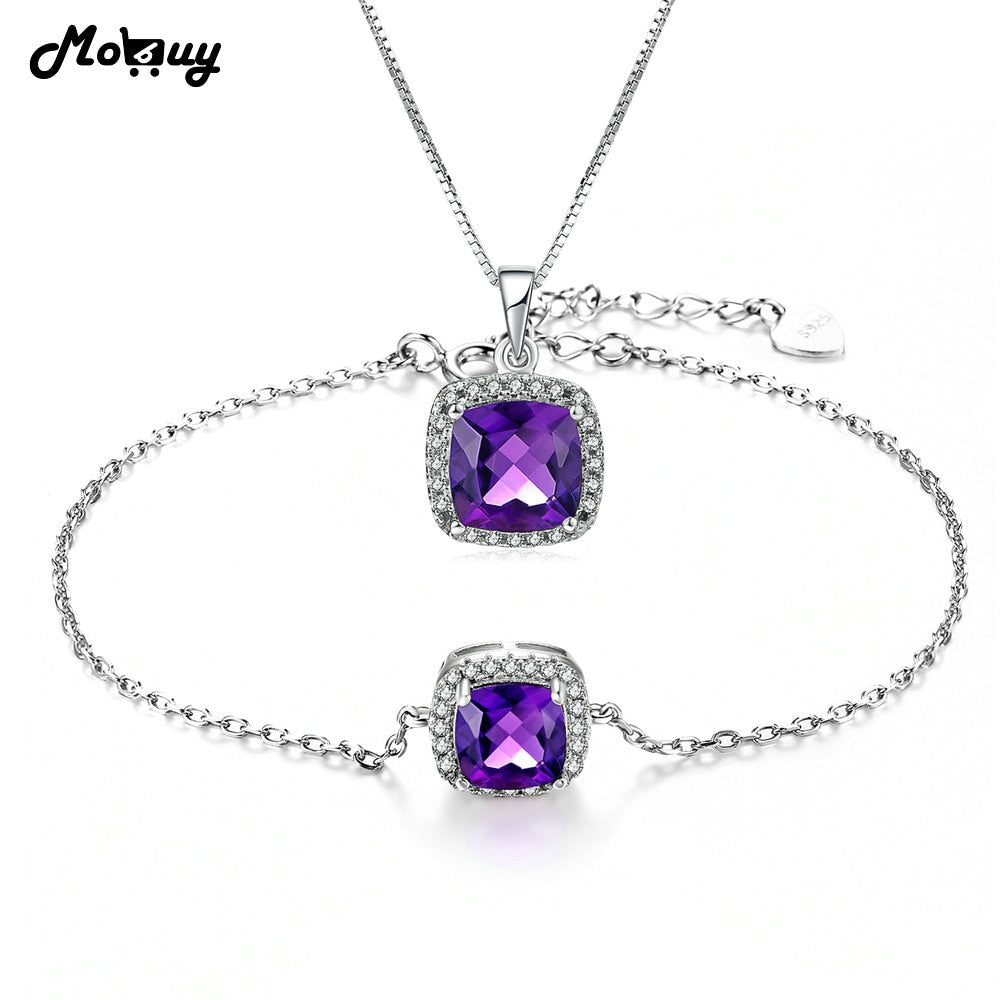 2PCS Jewelry Sets Natural Gemstone Square Cut Amethyst 100% 925 Sterling Silver Fine Jewelry For Women Engagement V001HN