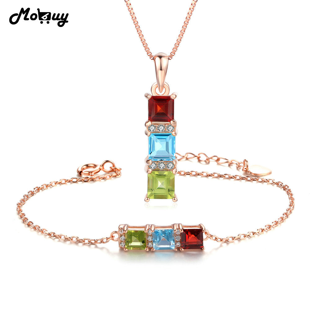 3Natural Gemstone 2pcs Jewelry Sets 100% 925 Sterling Silver Cubic Zirconia For Women Wedding Fine Jewelry V012HN