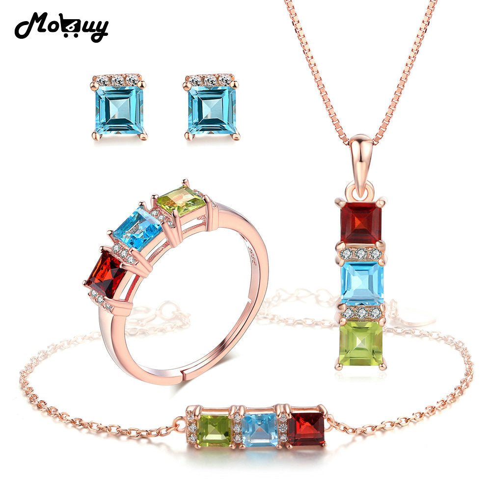 3Natural Gemstone 4pcs Jewelry Sets 100% 925 Sterling Silver For Women Engagement Fine Jewelry V012AEHNR