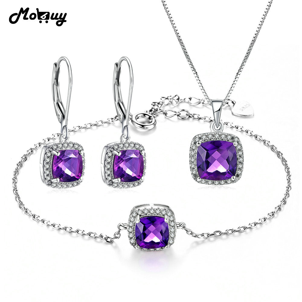 3PCS Jewelry Sets Natural Gemstone Square Amethyst 100% 925 Sterling Silver S925 Fine Jewelry For Women Wedding V001EHN