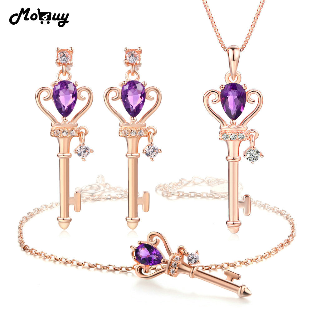 3pcs Keys Jewelry Sets 100% 925 Sterling Silver Natrual Gemstone Amethyst For Women Engagement Fine Jewelry V010EHN