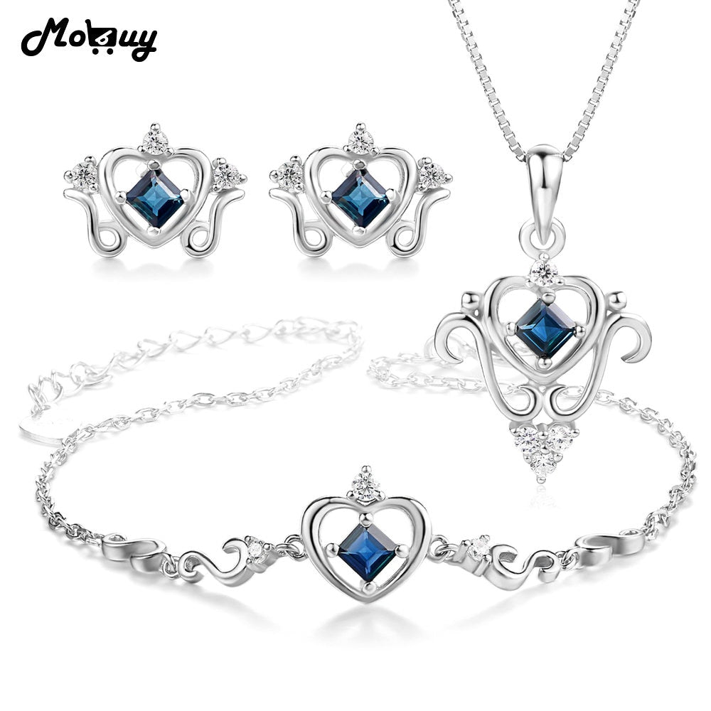 4pcs Natural Gemstone 3pcs Jewelry Sets 100% 925 Sterling Silver Vintage Sapphire Fine Jewelry For Women Wedding V019EHN