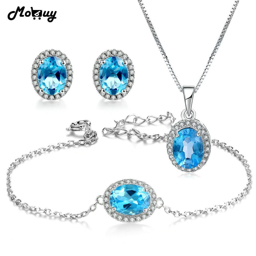 4pcs Natural Gemstone Oval Blue Topaz 3pcs Jewelry Sets 100% 925 Sterling Silver For Women Gift Fine Jewelry V039EHN