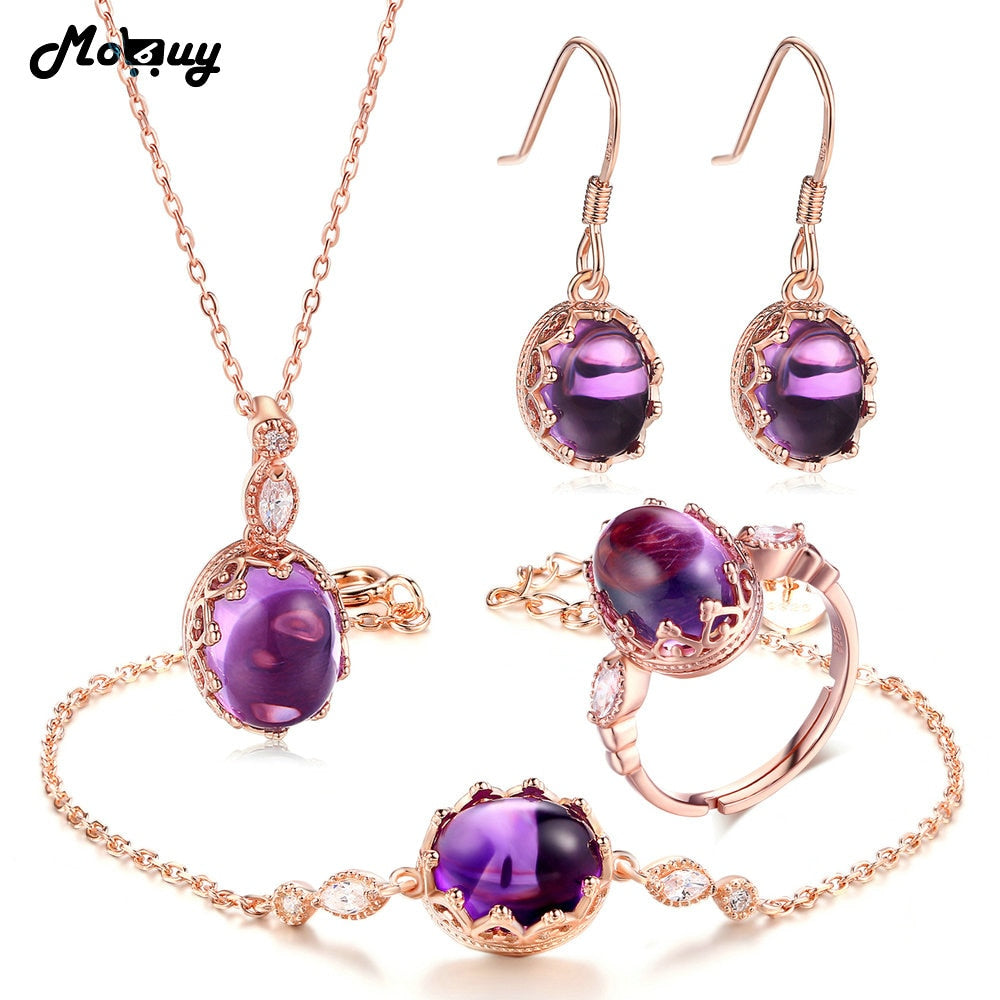 5pcs Amethyst Natural Gemstone 4pcs Jewelry Sets 100% 925 Sterling Silver Vintage Style Fine Jewelry For Women V031EHNR
