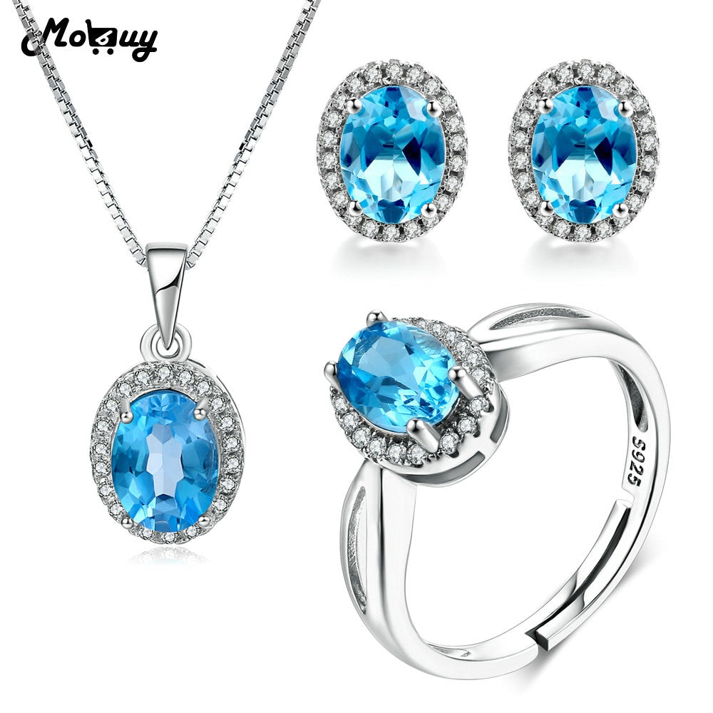 5pcs Natural Gemstone Blue Classic Topaz 4pcs Jewelry Sets 100% 925 Sterling Silver For Women Party Fine Jewelry V039ENR