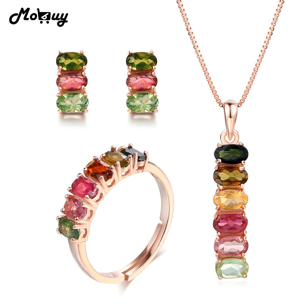 925 Sterling Silver 3PCS Jewelry Sets For Women Natural Gemstone Multicolor Tourmaline S925 Fine Jewelry For Women V006ENR