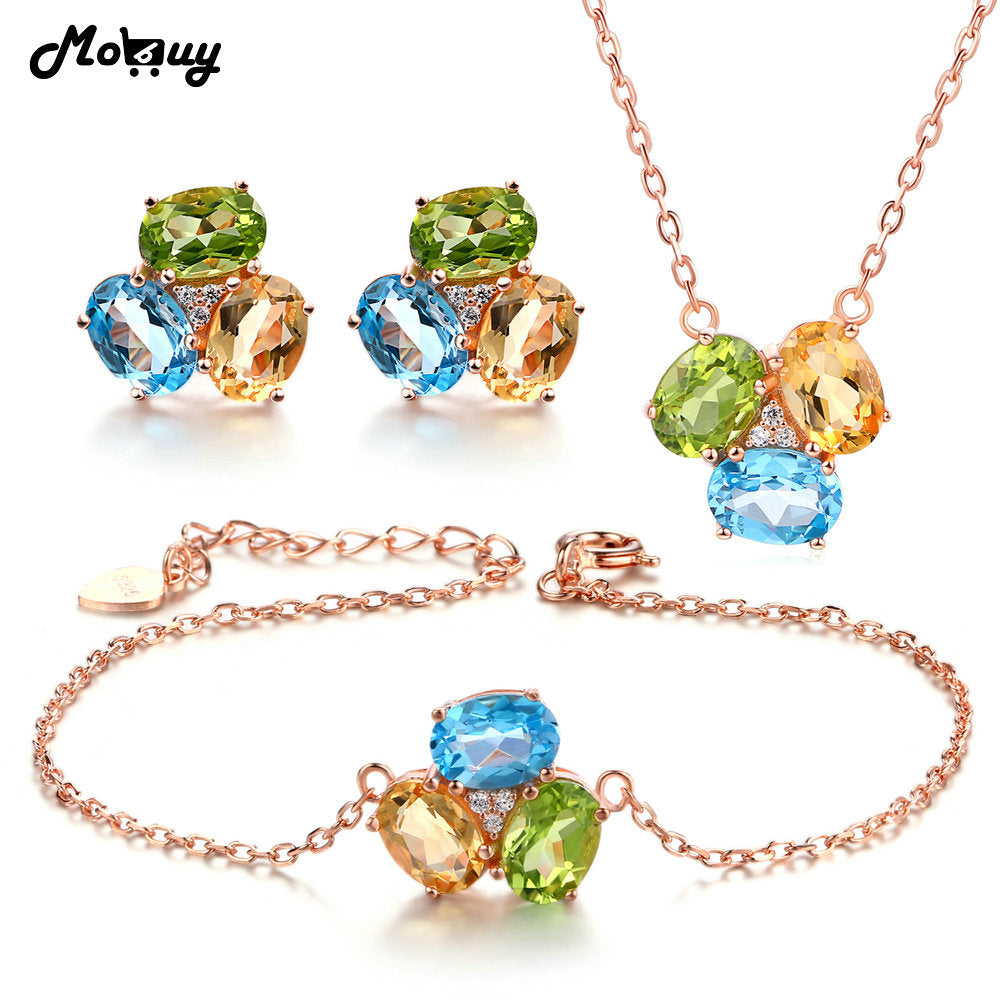 925 Sterling Silver 3pcs Jewelry Sets For Women 3pcs Oval Gemstone Topaz Citrine Peridot Wedding Fine Jewelry V003EHN