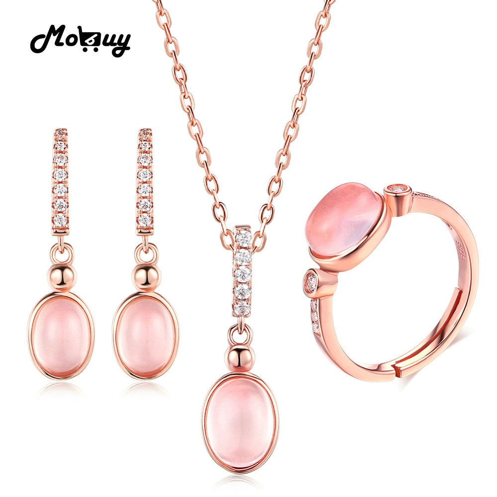 925 Sterling Silver Jewelry Set Pink Oval Natural Gemstone Rose Quartz Rose Gold Plated Fine Jewelry For Women V021ENR