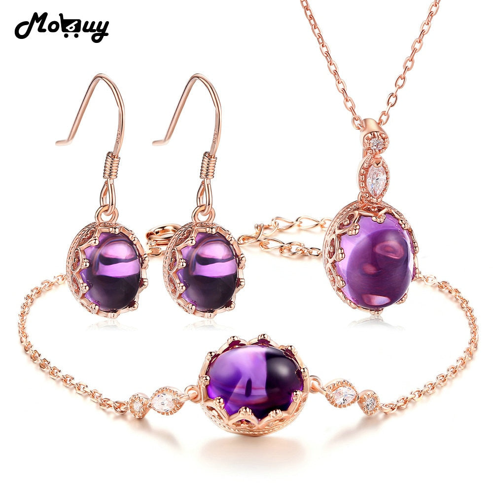 Amethyst Natural Gemstone 4pcs Jewelry Sets 100% 925 Sterling Silver Vintage Fine Jewelry For Women Party V031EHN